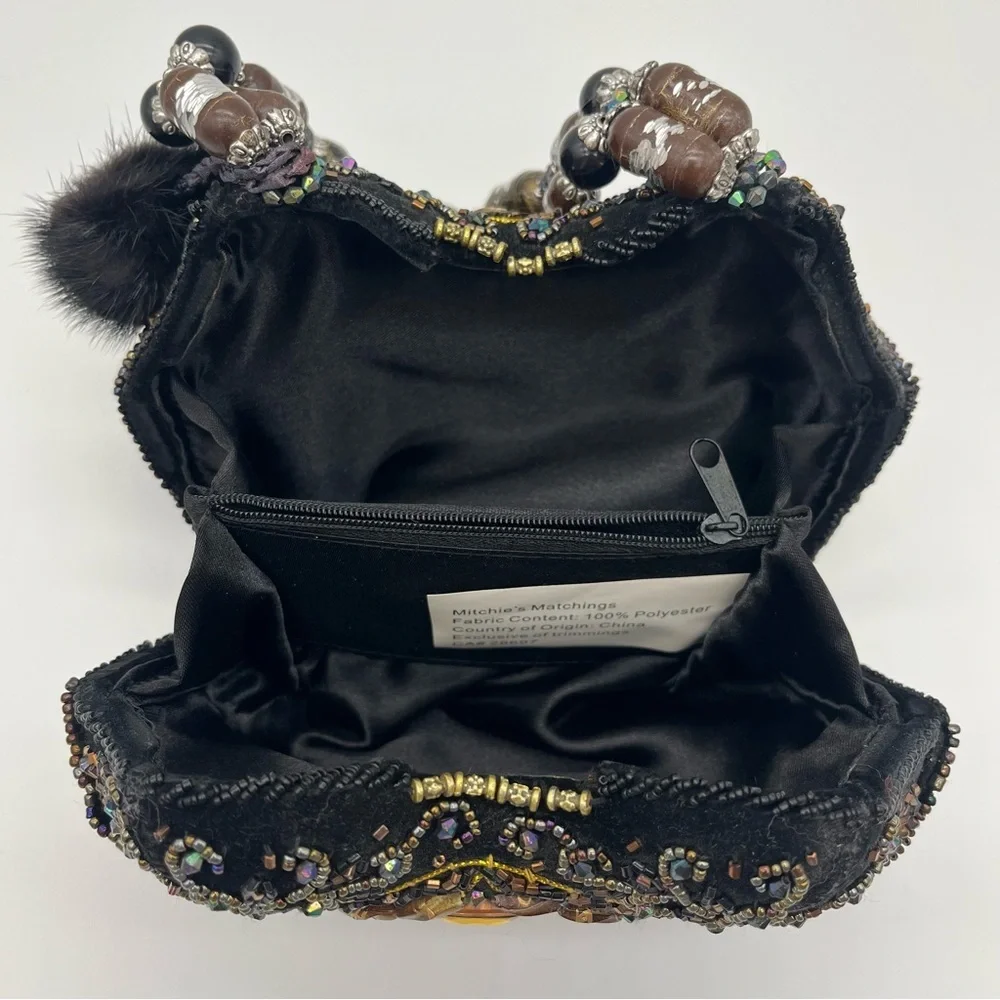 Vintage Mitchie's Beaded Handbag Purse Evening Bag Black Jeweled Multicolor